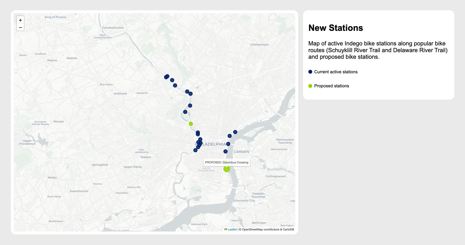 Screenshot of a student-built D3 data visualization about Indego Bike Sharing, created for Temple University CIS 3755 Information Visualization.